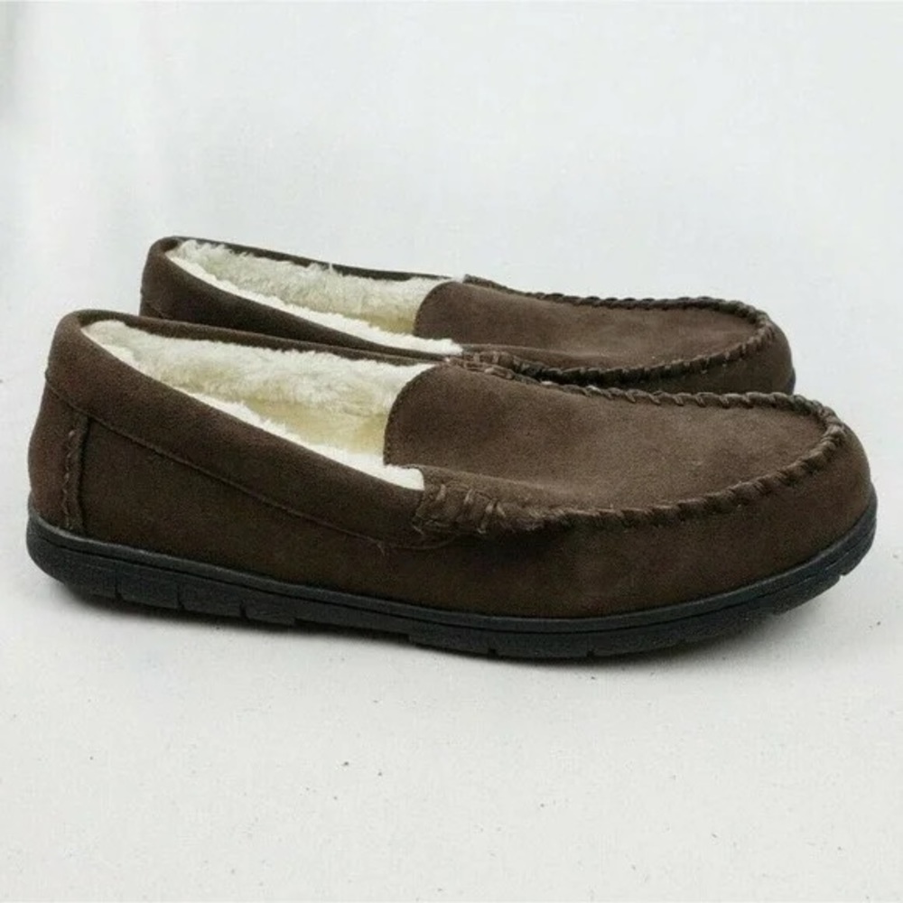 Lands' End Mens Suede Leather Moccasin Slippers Dark Mahogany